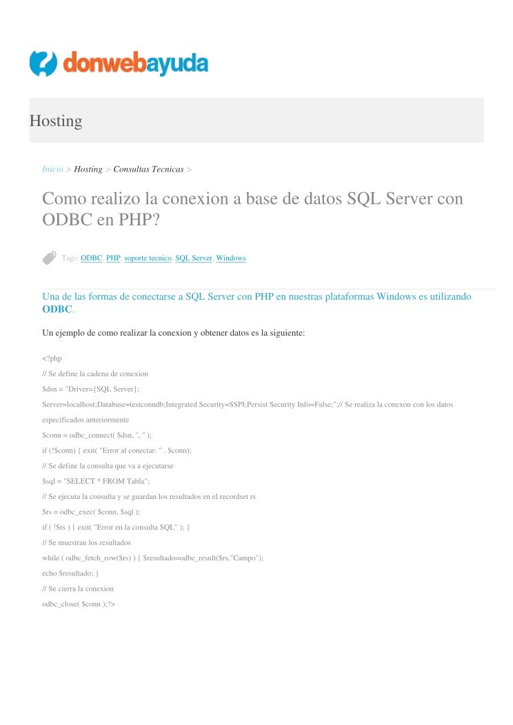 Imágen de pdf Como realizo la conexion a base de datos SQL Server con ODBC en PHP?